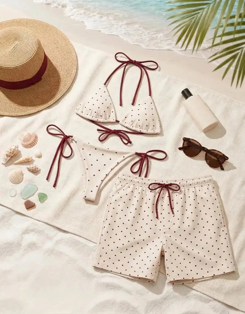 Red Polka Dot Couples Swimsuit Set – Triangle String Bikini for Women & Matching Men’s Mesh Swim Shorts | Romantic Beach Outfit