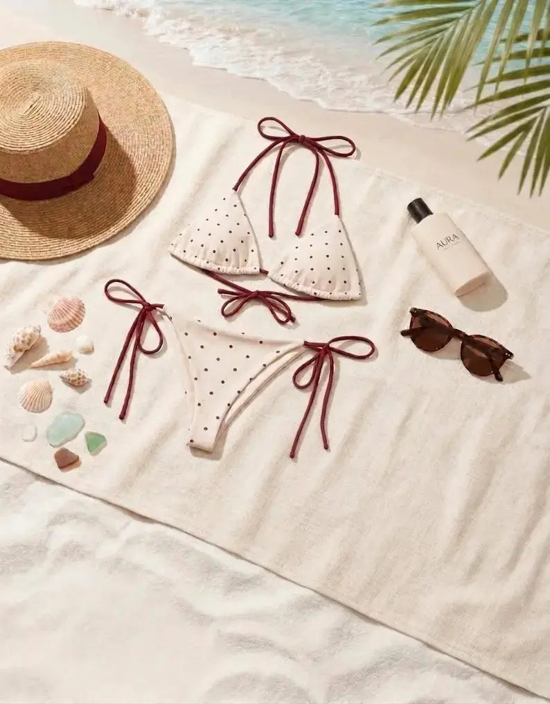 Red Polka Dot Couples Swimsuit Set – Triangle String Bikini for Women & Matching Men’s Mesh Swim Shorts | Romantic Beach Outfit