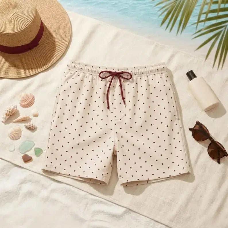 Red Polka Dot Couples Swimsuit Set – Triangle String Bikini for Women & Matching Men’s Mesh Swim Shorts | Romantic Beach Outfit