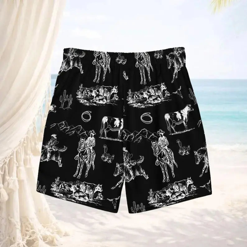 Matching Yeehaw Ranch Life Couples Swimwear Set – Tie Side Thong Bikini & Men’s Beach Shorts, Hawaiian Style His & Hers Beachwear