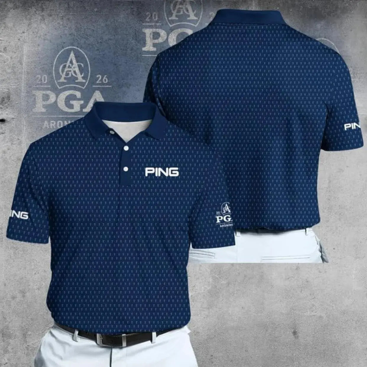 PGA Trophy Pattern Polo 2026 – Viral Blue Design, Men’s Lightweight Breathable Golf Shirt