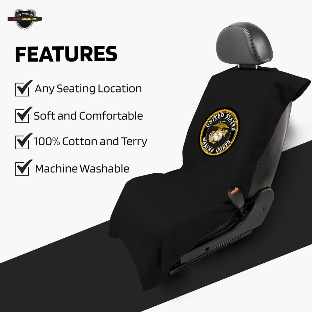 Seat Armour Seat Protector Towel – U.S. Marines Design – Soft Machine Washable Car Seat Cover Towel – Easy to Install, Multipurpose Car Seat Towel – Black