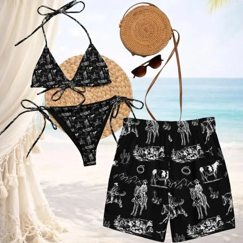 Matching Yeehaw Ranch Life Couples Swimwear Set – Tie Side Thong Bikini & Men’s Beach Shorts, Hawaiian Style His & Hers Beachwear