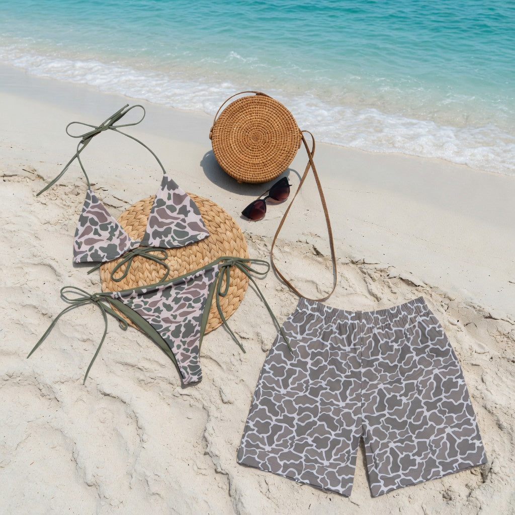 Matching Duck Camo Couples Swimwear Set – Men’s Swim Shorts & Women’s Tie Side Bikini