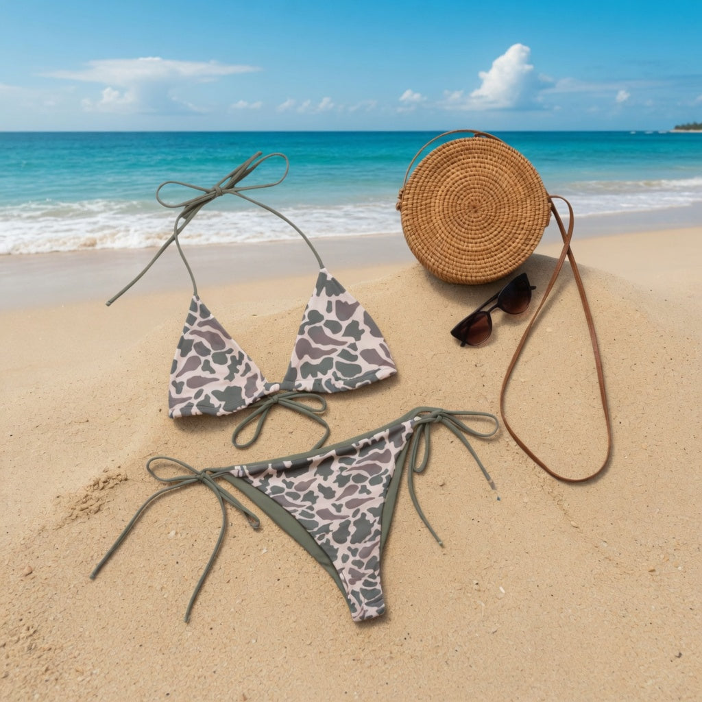 Matching Duck Camo Couples Swimwear Set – Men’s Swim Shorts & Women’s Tie Side Bikini