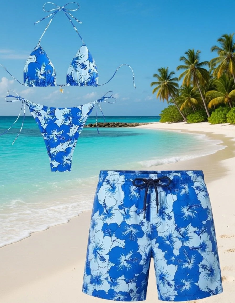 Blue Floral Matching Swimwear Set Triangle Bikini Womens and Hawaiian Mens Swim Shorts Couple Beach Outfit Summer Vacation Gift