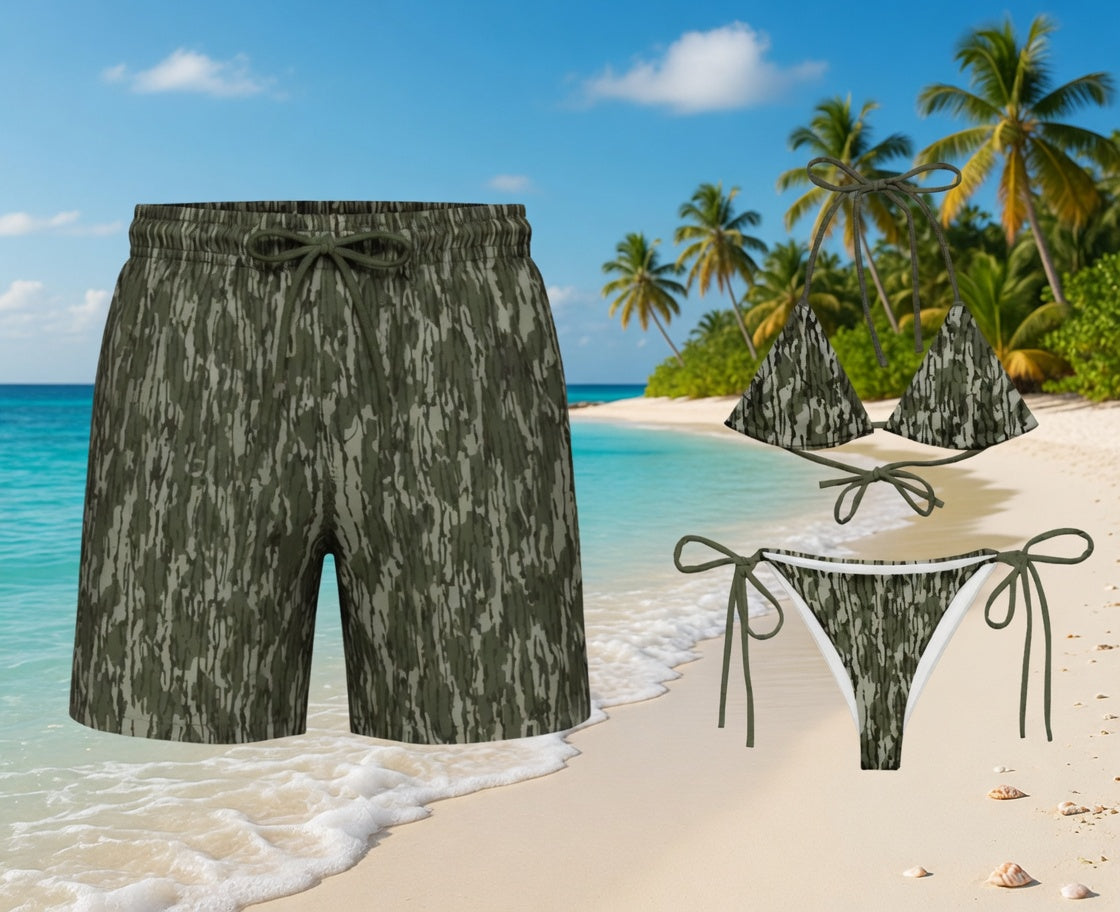 Couple Matching Camo Swimwear Set – Women's Tie Bikini & Men's Drawstring Beach Shorts