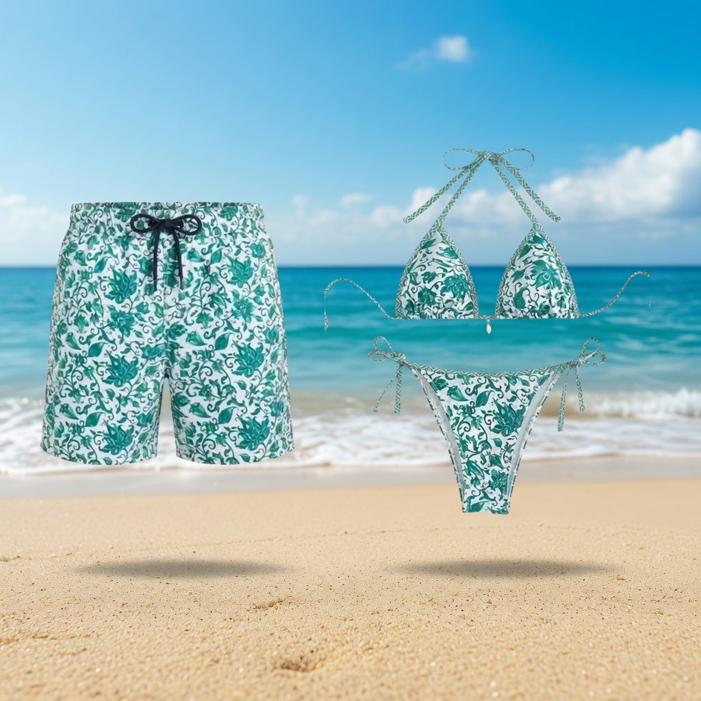Matching Couples Swimwear Set – Women’s Triangle Bikini & Men’s Floral Swim Trunks Beach Outfit