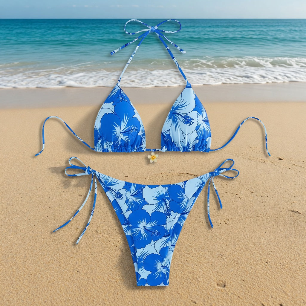 Blue Floral Matching Swimwear Set Triangle Bikini Womens and Hawaiian Mens Swim Shorts Couple Beach Outfit Summer Vacation Gift